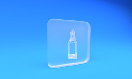 Frosted glass Bullet icon isolated on blue background. Square frosted glass button. 3D render illustration.の写真素材