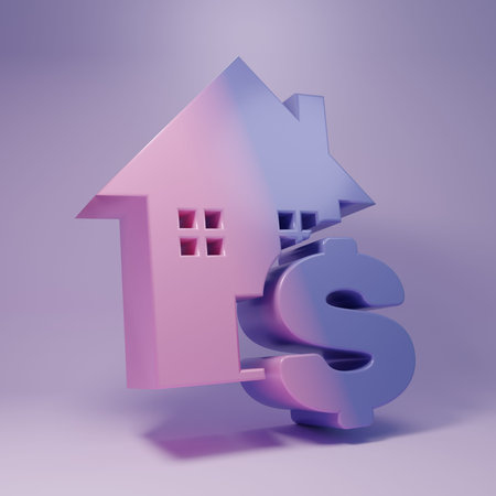 Purple House with dollar symbol icon isolated on purple background. Home and money. Real estate concept. Minimalism concept. 3D render illustration.の写真素材
