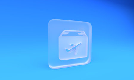 Frosted glass Plane and cardboard box icon isolated on blue background. Delivery, transportation. Cargo delivery by air. Airplane with parcels, boxes. Square frosted glass button. 3D render illustration.の写真素材