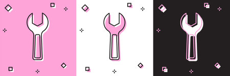 Set Wrench spanner icon isolated on pink and white, black background. Vector.