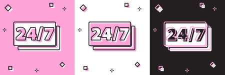 Set Clock 24 hours icon isolated on pink and white, black background. All day cyclic icon. 24 hours...