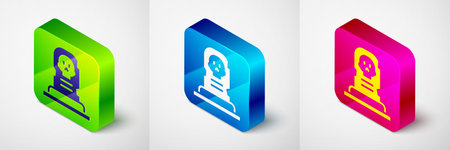Isometric Grave with tombstone icon isolated on gray background. Square button. Vector.のイラスト素材