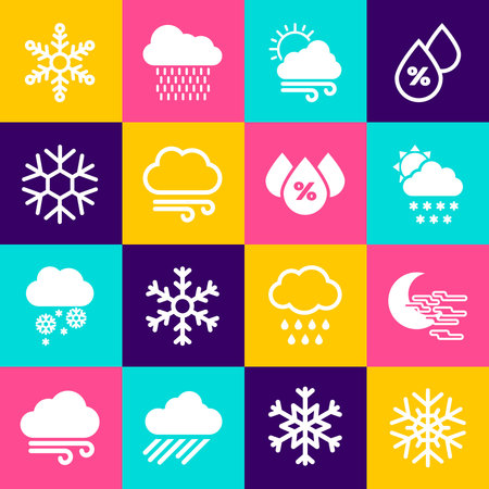 Set Snowflake Fog and moon Cloud with snow sun Windy weather and icon. Vector.