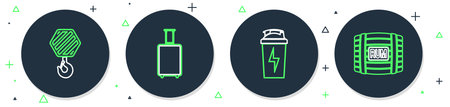 Set line Travel suitcase Fitness shaker Industrial hook and Wooden barrel with rum icon. Vector.のイラスト素材