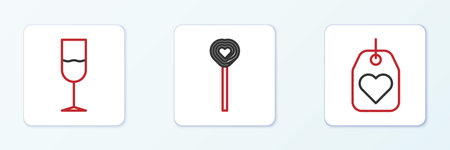 Set line Heart tag Wine glass and Lollipop icon. Vector.のイラスト素材