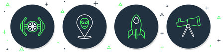 Set line Alien Rocket ship Cosmic and Telescope icon. Vector.