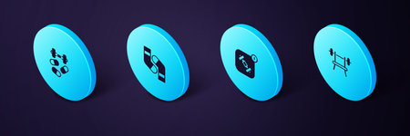 Set Isometric Bench with barbell, Fitness app, Socks and Sports doping dumbbell icon. Vector.
