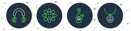 Set line Flower Bong Headphones and Necklace with peace symbol icon. Vector.