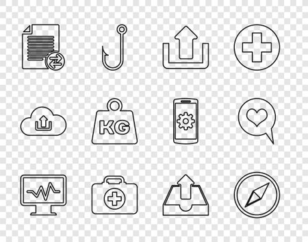 Set line Monitor with cardiogram Wind rose Upload First aid kit Transfer files Weight inbox and Heart speech bubble icon. Vector.のイラスト素材