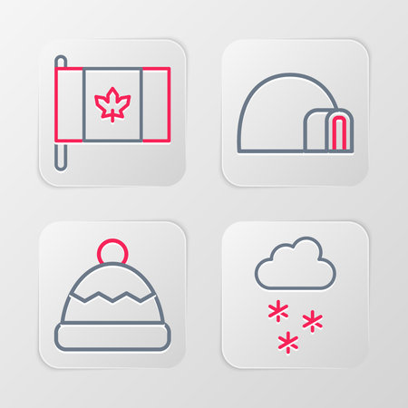 Set line Cloud with snow Beanie hat Igloo ice house and Flag of Canada icon. Vector.のイラスト素材