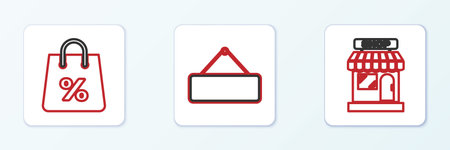 Set line Market store Shopping bag with percent and Signboard hanging icon. Vector.