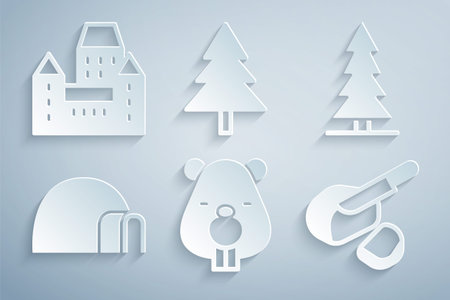 Set Beaver animal Canadian spruce Igloo ice house Peameal bacon Christmas tree and Chateau Frontenac hotel icon. Vector.のイラスト素材