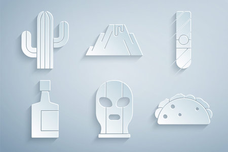 Set Mexican wrestler Cigar Tequila bottle Taco with tortilla Volcano eruption lava and Cactus icon. Vector.のイラスト素材