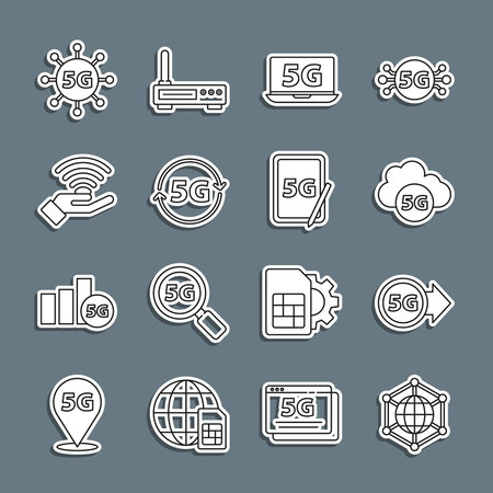 Set line Social network 5G Cloud Laptop with and Graphic tablet icon. Vector.のイラスト素材