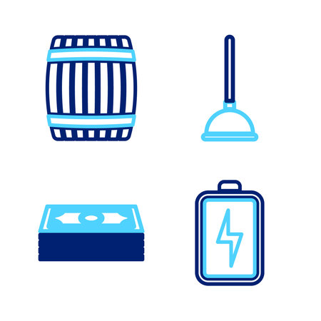 Set line Battery Stacks paper money cash Rubber plunger and Wooden barrel icon. Vector.のイラスト素材