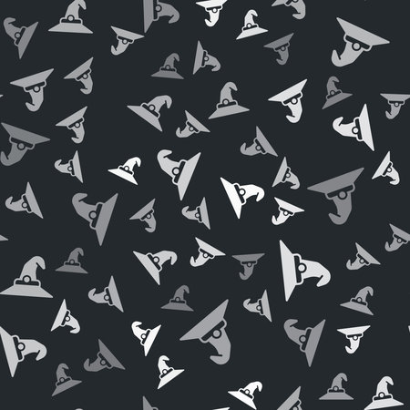 Gray Witch hat icon isolated seamless pattern on black background. Happy Halloween party. Vector.のイラスト素材