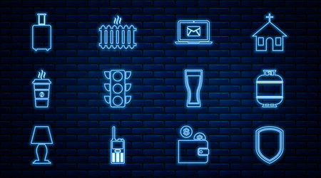 Set line Shield Propane gas tank Laptop with envelope Traffic light Coffee cup Travel suitcase Glass beer and Heating radiator icon. Vector.のイラスト素材