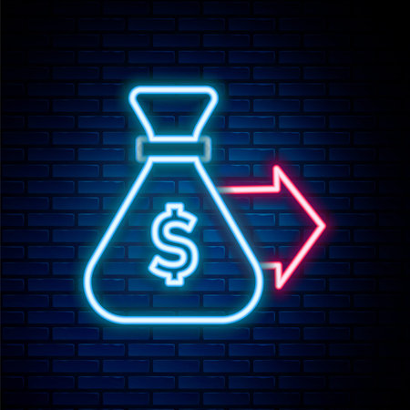 Glowing neon line Money bag icon isolated on brick wall background. Dollar or USD symbol. Cash Banking currency sign. Colorful outline concept. Vector.のイラスト素材