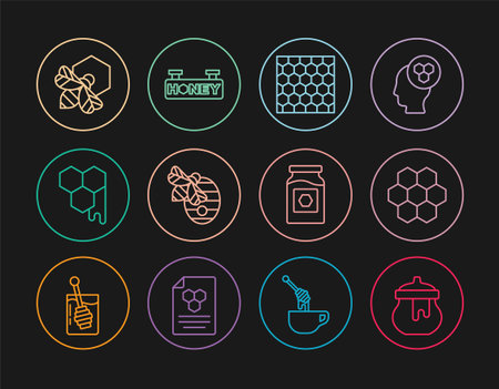 Set line Jar of honey Honeycomb Hive for bees Bee and honeycomb and Hanging sign with icon. Vector.のイラスト素材