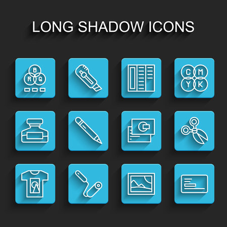 Set line T-shirt Paint roller brush RGB color mixing Picture landscape Business card Pencil with eraser Scissors and icon. Vector.のイラスト素材