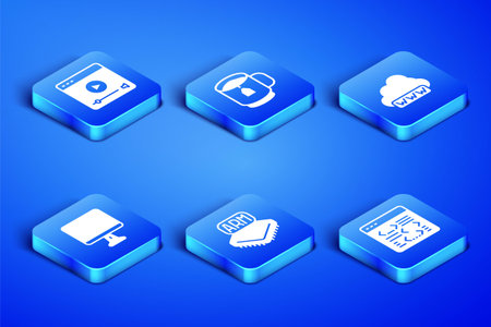 Set Software Online play video Processor Computer monitor screen Cup tea with tea bag and Web development icon. Vector.のイラスト素材