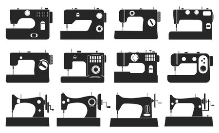 Sewing machine vector illustration on white background. Isolated black set icon tool for sew. Vector black set icon sewing machine.のイラスト素材