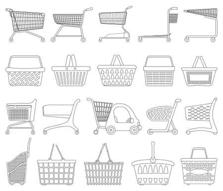 Trolley isolated outline set icon. Vector outline set icon shopping basket. Vector illustration trolley on white background .のイラスト素材