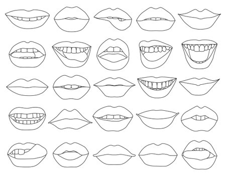 Female lip vector outline set icon. Vector illustration smile on white background. Isolated outline set icon female lip.のイラスト素材