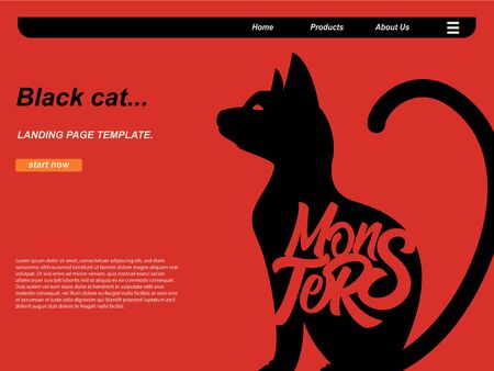 halloween cartoon scene with silhouette cat and monsters typography using red background. landing page website design template, background and bannerのイラスト素材