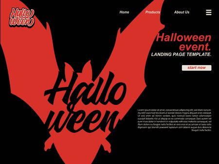 halloween cartoon scary scene with silhouette red bat and halloween typography using black background. landing page website design template, background and bannerのイラスト素材