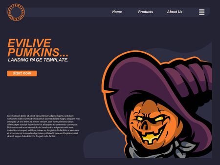 cartoon halloween scene with scared crow pumpkin. landing page website design template, background and bannerのイラスト素材