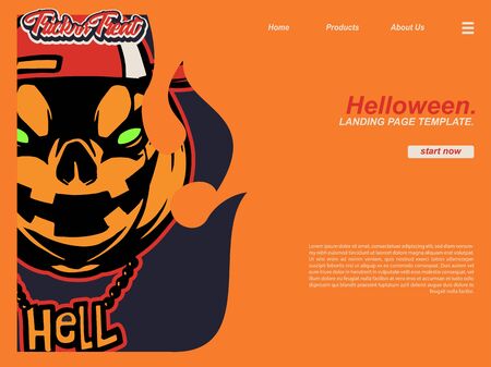cartoon halloween hell scene with pumpkin wearing snap back and hell name necklace. landing page website design template, background and bannerのイラスト素材