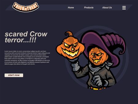halloween scene with pumpkin and scared crow wearing witch hat and gloves. landing page website design template, background and bannerのイラスト素材