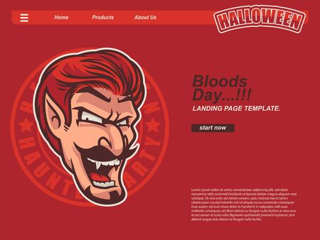cartoon halloween scene with dracula head smiling and scary face. landing page website design template, background and bannerのイラスト素材