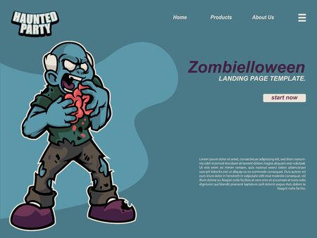 halloween cartoon scene with an old standing zombie eating brain. landing page website design template, background and bannerのイラスト素材