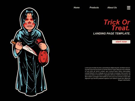 halloween cartoon scene with boy wearing shabby robe holding a bloody knife and a heart bag using black background. landing page website design template, background and bannerのイラスト素材