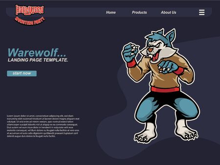 halloween scene by cartoon illustration with standing scary ware wolf wearing shabby knitwear ready to pounce using dark purple background. landing page website design template, background and bannerのイラスト素材