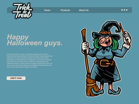 halloween scene by cartoon illustration with a witch is laughing while holding his flying broom and wand. landing page website design template, background and bannerのイラスト素材