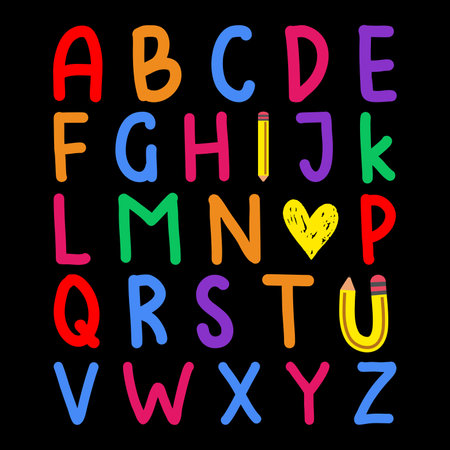 Hand drawn colorful doodle font. Vector alphabet. Letters and numbersのイラスト素材