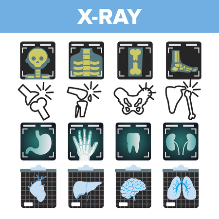 X-ray Icon Set Vector. Radiology Scan. Broken Human Bone. Medical Symbol. Fracture Structure. Health Hospital Medicine Design. Line, Flat Illustrationのイラスト素材