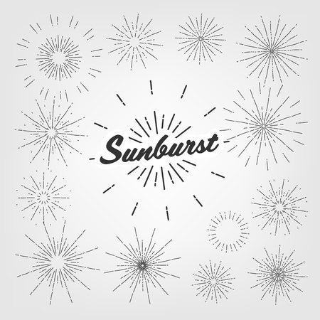 Vintage Element Sunburst Set Vector. Circle Sun. Graphic Frame. Hand Drawn Shape. Ray Stamp. Old Emblem Text. Banner Sunbeam. Illustrationのイラスト素材