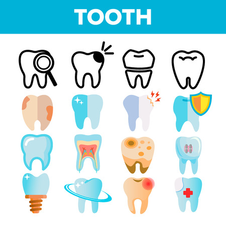 Tooth Icon Set Vector. Dental Draphic. Oral Medical Care. Mouth Tooth Pain Icon. Line, Flat Illustrationのイラスト素材