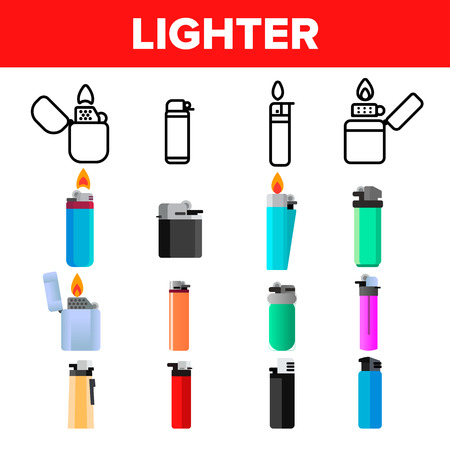 Lighter Icon Set Vector. Gas Tool. Tobacco Lighter Icons. Burning Object. Plastic Accessory. Line, Flat Illustrationのイラスト素材