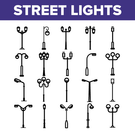 Street Lights Linear Vector Icons Set. Streetlights Thin Line Contour Symbols Pack. City Illumination Pictograms Collection. Old Fashioned Lantern, Lamp. Electricity Equipment Outline Illustrationsのイラスト素材