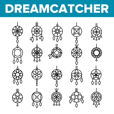 Dreamcatcher, Amulet Vector Thin Line Icons Set. Dreamcatcher, Protective Tribal Symbols Collection. Native American Magic Charm. Indian Talisman with Feathers Linear Illustration. Gift, Souvenir Ideaのイラスト素材