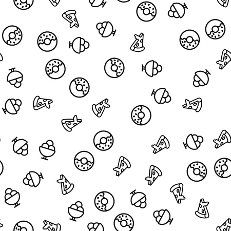 Restaurant Fast Food Menu Seamless Pattern Vector. Cup With Ice Cream, Doughnut And Piece Of Pizza Food Monochrome Texture Icons. Delicious Meal And Desserts Template Flat Illustrationのイラスト素材