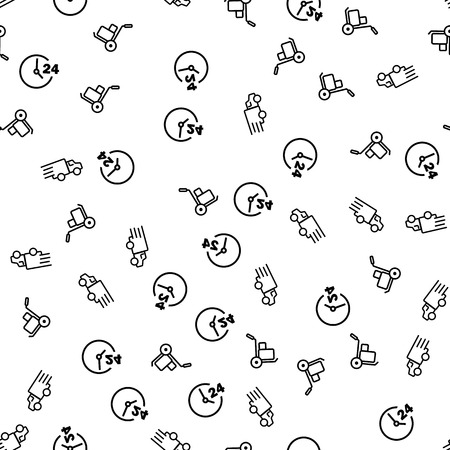 Fast Delivery Service Seamless Pattern Vector. Hand Truck With Containers And Parcels, Delivery Cargo And Clock Freight Express Shipping Monochrome Texture Icons. Template Flat Illustrationのイラスト素材