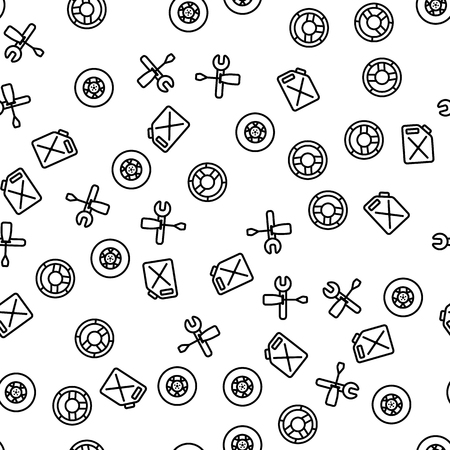 Auto Car Repair Mechanic Part Seamless Pattern. Car Steering Wheel Piece for Doodle Outline Texture. Gas Canister on Fuel Fix Station Wallpaper. Automotive Gasoline Store Element Vector Illustrationのイラスト素材