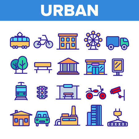 Urban, City Life Thin Line Icons Set. Urban Architecture, Transportation, Industry Linear Illustrations. Municipal Government Buildings. City Traffic, Road Safety, CCTV Monitoring Contour Pictogramsのイラスト素材