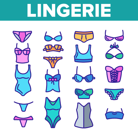 Lingerie Accessories Items Linear Vector Icons Set. Woman Lingerie, Underwear Symbols Pack. Female Bra, Panty, Corset Pictogram Collection. Isolated Linen Signs. Fashion Clothes Outline Illustrationのイラスト素材